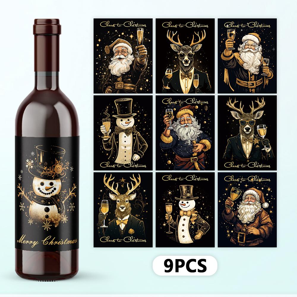 9pcs Christmas Decoration Wine Bottle Waterproof Stickers 5x3.93inch Christmas Wine Label, Christmas Party Decoration