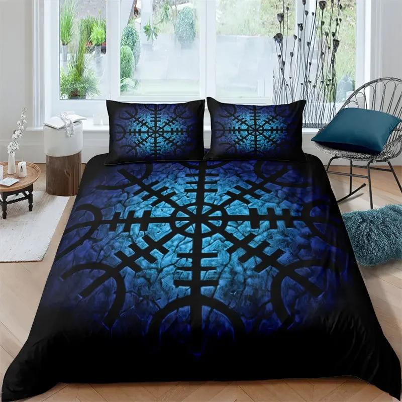 Viking Duvet Cover Set King/Queen Size Slate Blue Mjolnir Pattern Bedding Set Northern Germanic Culture Polyester Quilt Cover