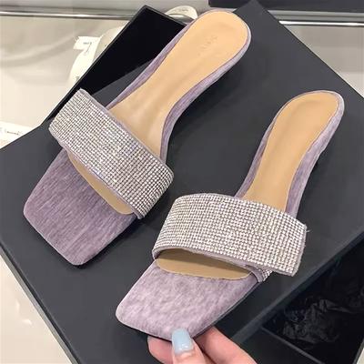 Модные роскошные шлепанцы на тонком каблуке со стразами для женщин, летние удобные сандалии с квадратным носком и открытым носком, нескользящие, лаконичные дизайнерские повседневные туфли