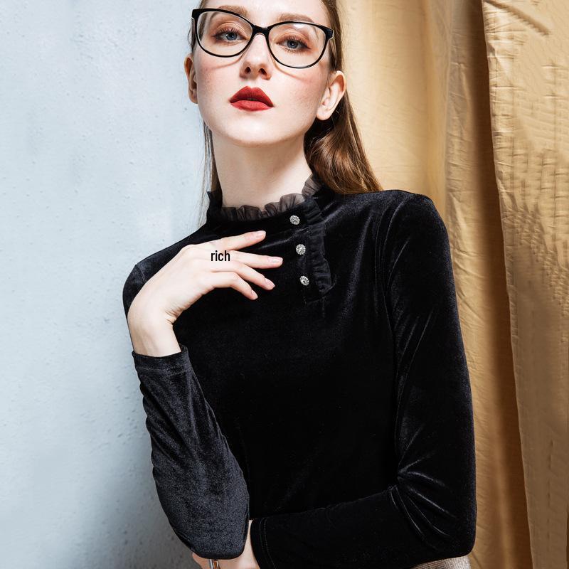 Бархатная блузка с оборками и воротником-стойкой в стиле феи - Европейская модная женская рубашка для осени/зимы