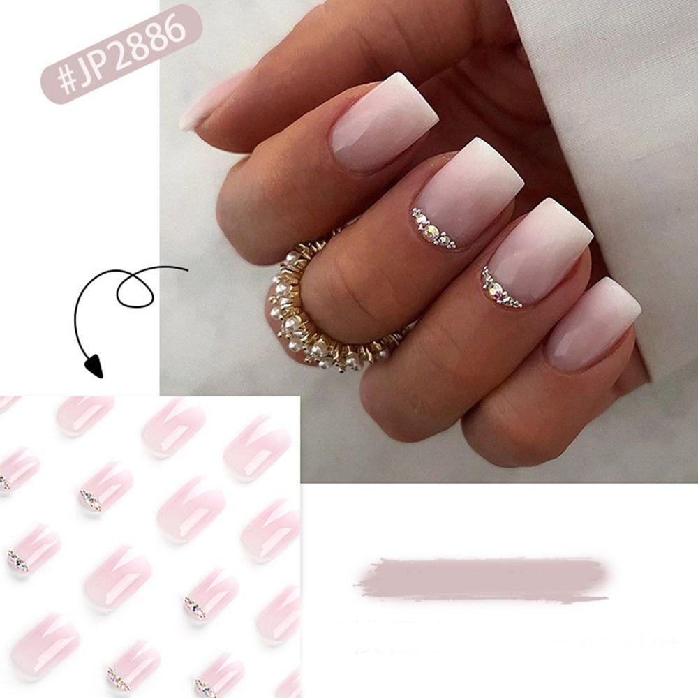 Long Square Fake Nials White Edge Nail Tips Fashion False Nails Women Girls