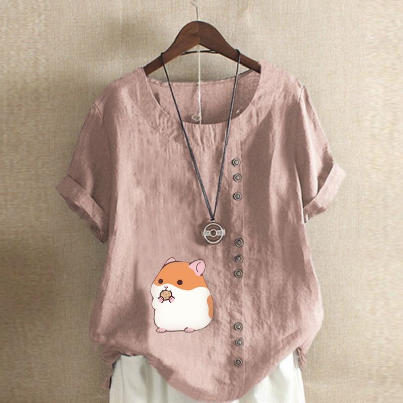 Женская модная футболка с круглым вырезом и коротким рукавом, повседневная рубашка из хлопка и льна с рисунком, свободная летняя блузка с принтом Hamster Life, топы