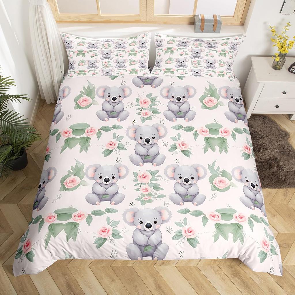 Детский комплект постельного белья с пододеяльником Koala, Цветущая ветка с медведем, Комплект постельного белья с изображением пальмовых листьев и животных, Полуторный