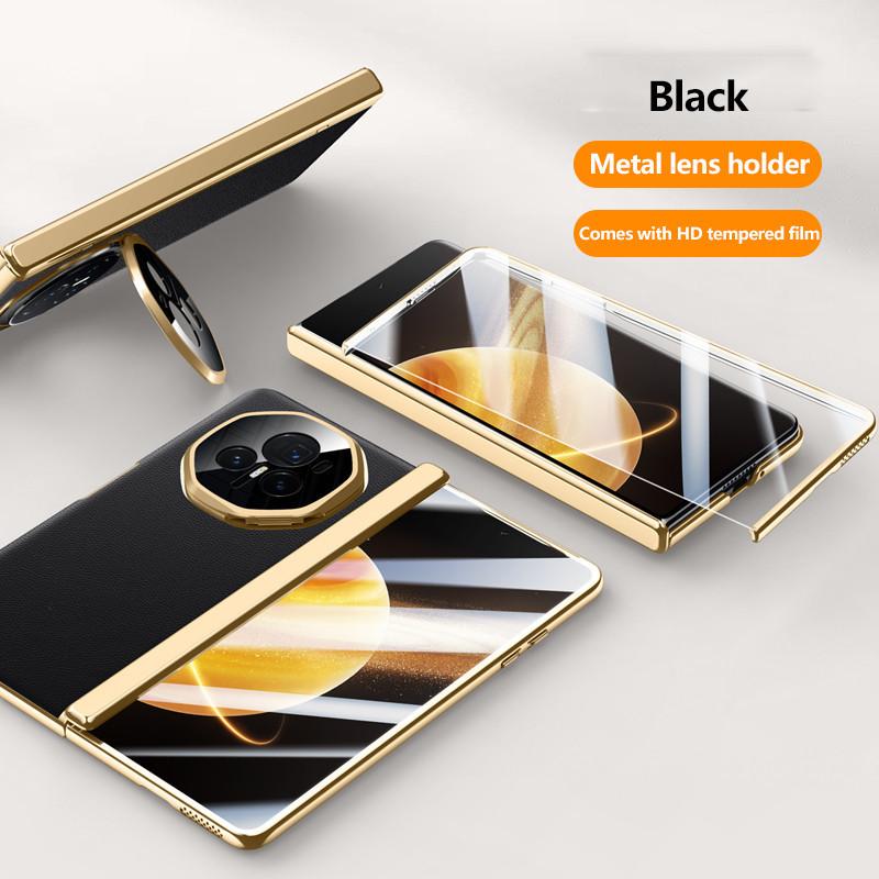 Чехол из простой кожи для телефона Honor Magic V3 с гальваническим покрытием, металлическим шарниром, держателем объектива и закаленной пленкой, противоударным держателем, деловой чехол