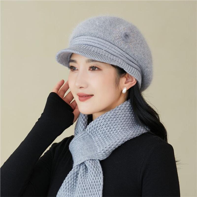 "Autumn/Winter Plush Rabbit Fur Hat & Scarf Set for Middle-Aged/Elderly: Warm, Windproof Knit with Gloves"