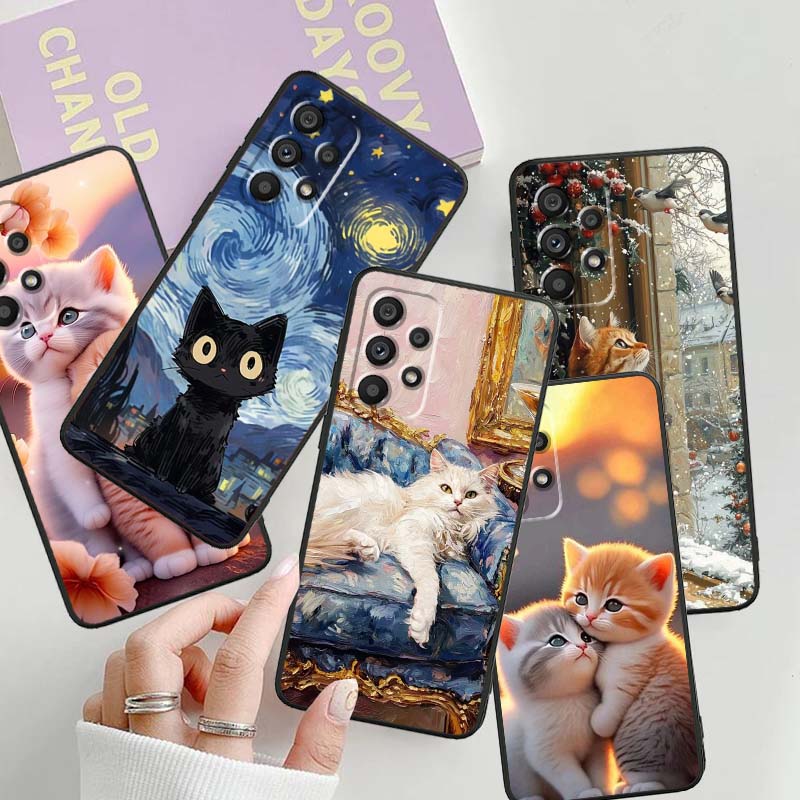 Милая мультяшная кошка Иллюстрация Для Samsung A41 A35 A34 A33 A32 A25 A24 A23 A21s A06 A05 A04 A03 Note 10 20 Ultra 5G Черный Чехол