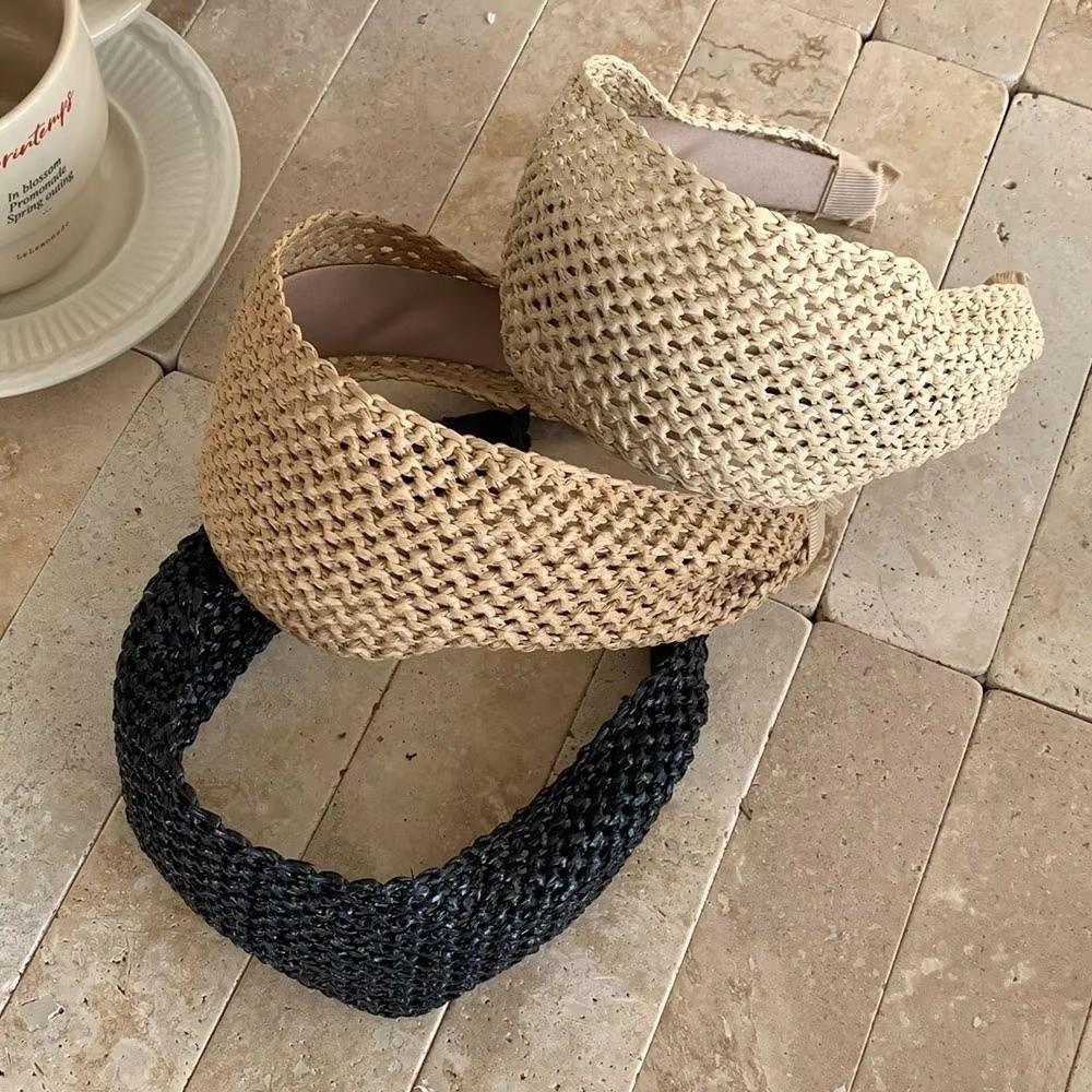 Elegant Straw Braided Headband Boho Style Wide Edge Hair Hoop Rattan Weaving Hairband for Women