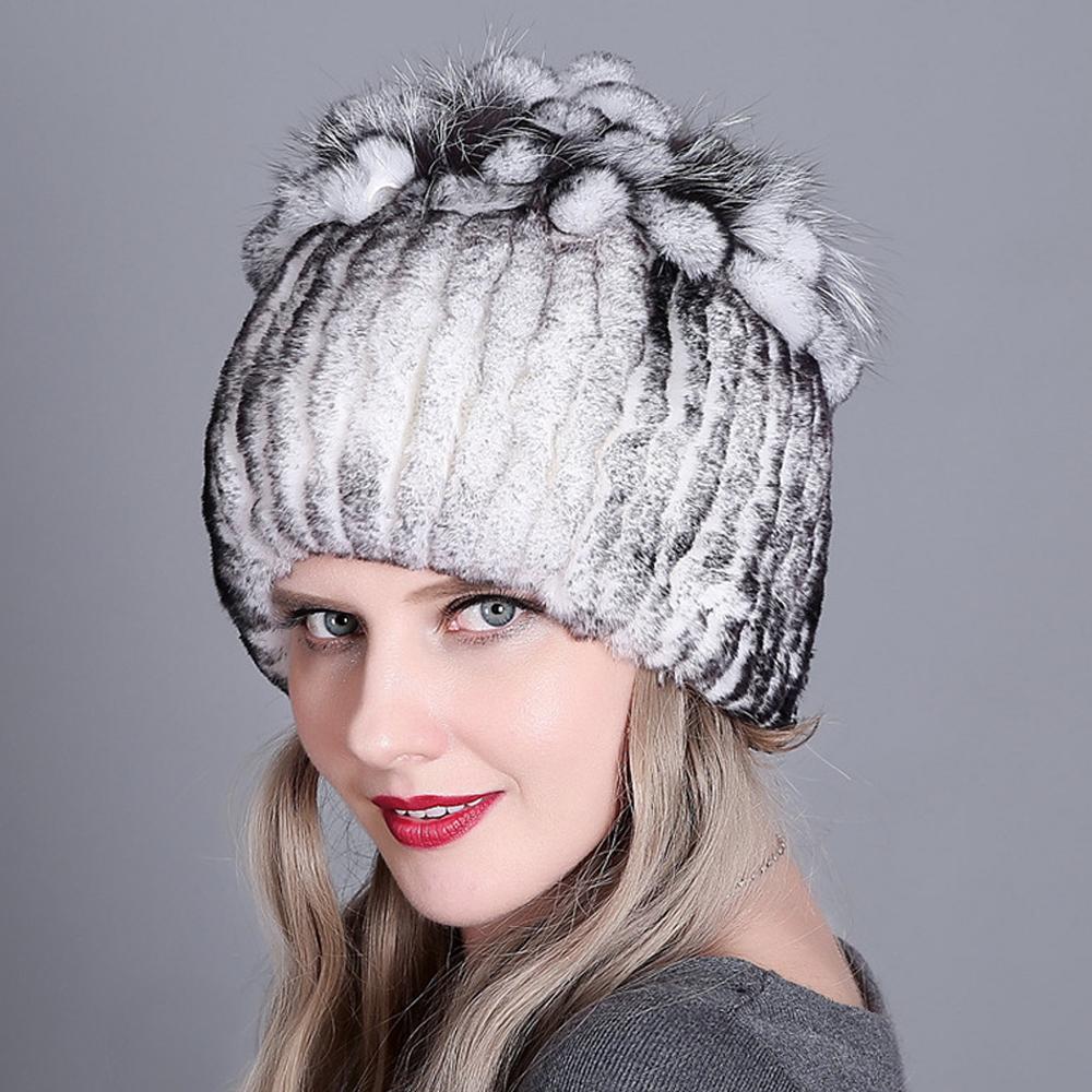 Winter Premium Rabbit Fur Beanie Hats Genuine Rabbit Fur Caps Women Winter Fur Rex Rabbit Knitted Hats Warm Beanie Caps