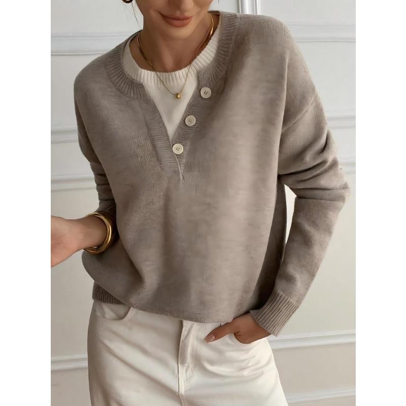 Loose Lazy V Neck Knit Sweater Fake Two Piece Casual Top