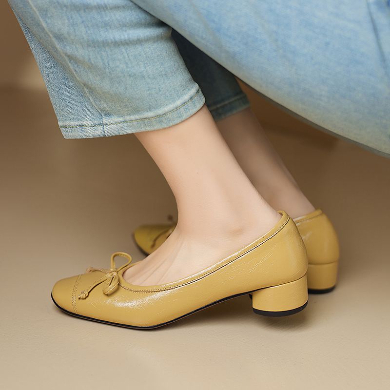 Krazing Pot Sheep Skin Summer Spring Autumn Med Heels Slip On Women Butterfly-knot European Design Square Toe Shallow Pumps