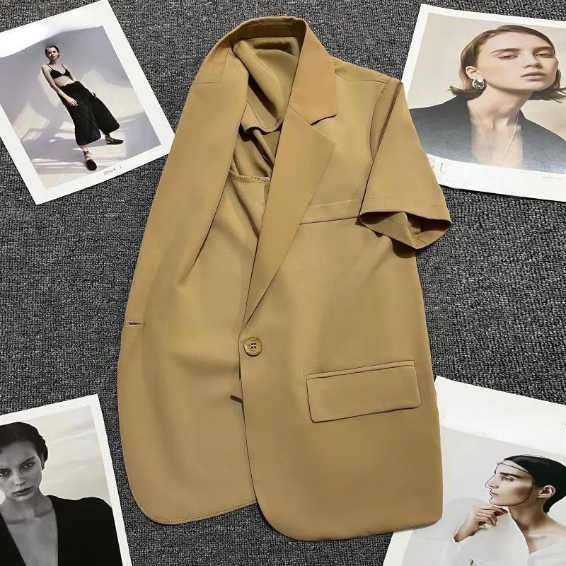 Модный однотонный свободный женский пиджак с короткими рукавами, летний тонкий срез, маленький рост, стильный, очаровательный хаки