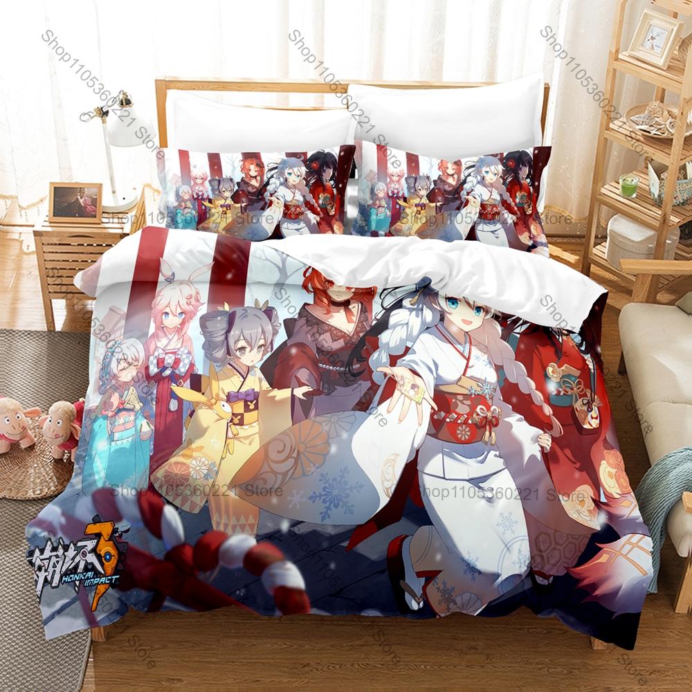 Honkai Impact 3 Bedding Set Duvet Cover + 2 Pillowcases Valkyrie Kiana Mei Bronya Anime Game Bedroom Decor