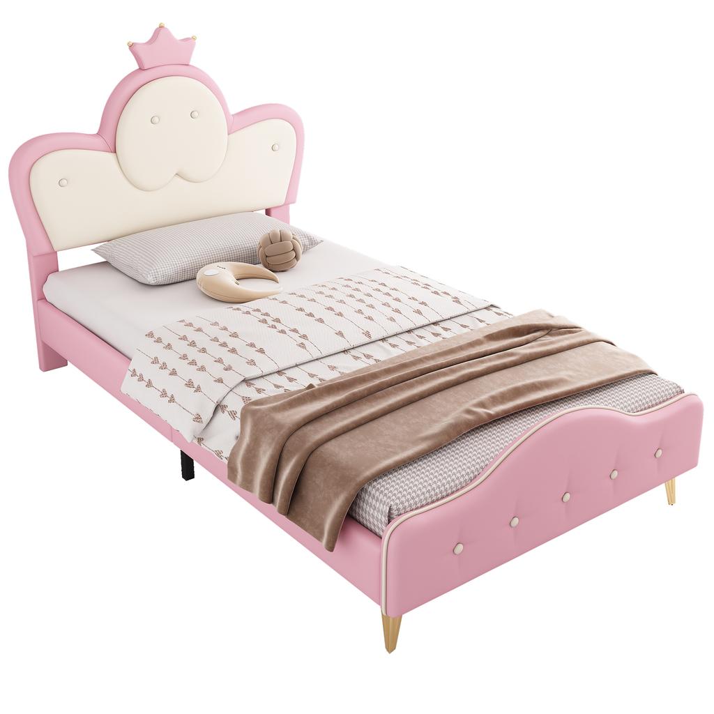Upholstered Bed, Children's Bed, with Soft Protective Edges, Monochrome LED Strip, Headboard with Crown, Single Bed, PU, Pink+White, 90x200CM