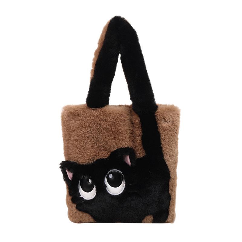Women's Cute Cat Handbags Faux Fur Underarm Purses Plush Fluffy Shoulder Bag for Women Furry Tote Bag for Fall Winter Large Fuzzy Underarm Handbag