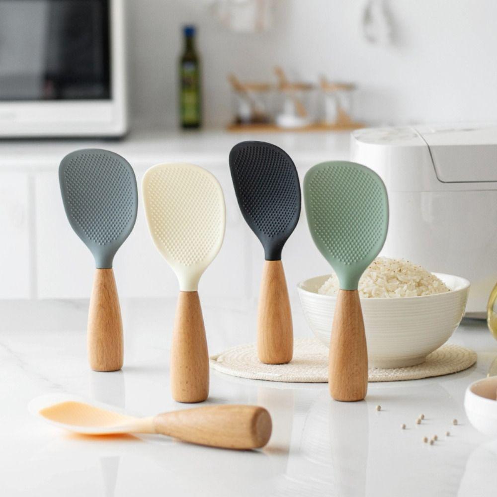 Silicone Rice Paddle Non-Stick Wooden Handle Spatula Multifunction Rice Spoon Kitchen Cooking Tool