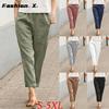 Женские длинные брюки, летние тонкие однотонные брюки с двумя карманами, свободные брюки, женские хлопковые льняные брюки