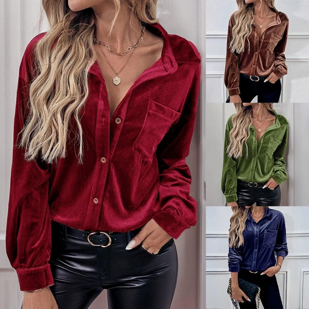 Бархатная однотонная женская блузка с длинным рукавом Универсальный осенний предмет Лацкан Карман Пуговица Женская блузка