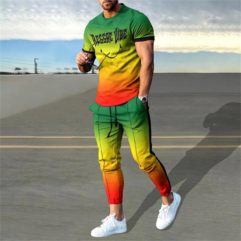 Мужская футболка, спортивный костюм, комплект из 2 предметов, короткий рукав, спортивная одежда, костюмы, модная мужская одежда, брюки, повседневные топы с круглым вырезом, брюки, уличная одежда