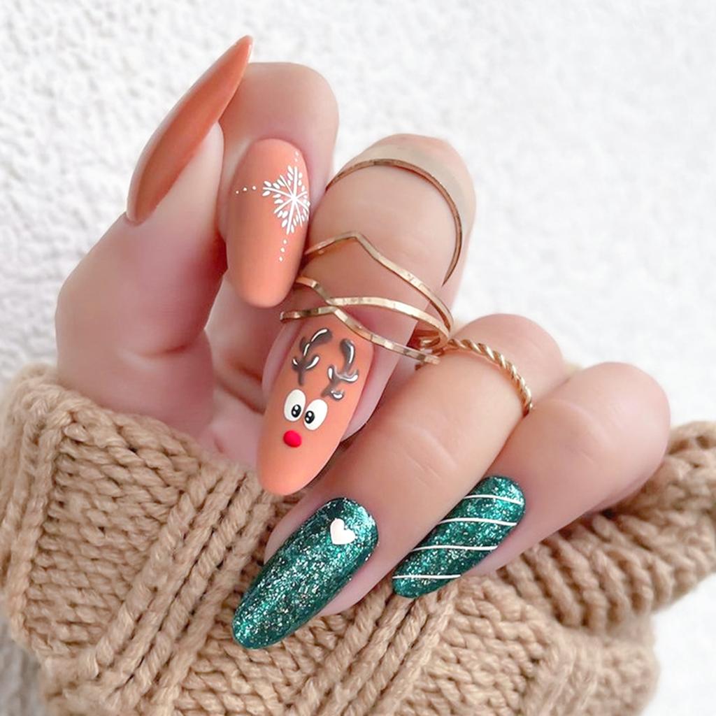 Christmas Nude Green Almond Fake Nails Long Lasting Safe Material Waterproof False Nails for Shopping Traveling Dating