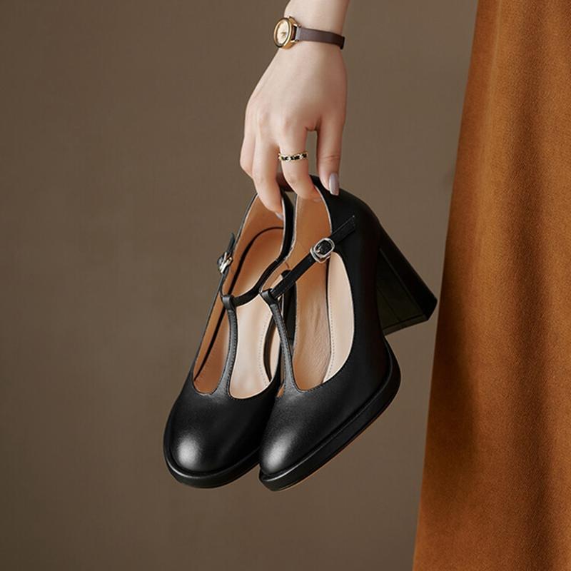 Мода НОВЫЕ Весенние Женские Туфли Натуральная Кожа Женская Обувь Круглый Носок Массивный Каблук Туфли Супер Высокий Каблук Мэри Джейн Обувь Ручной Работы