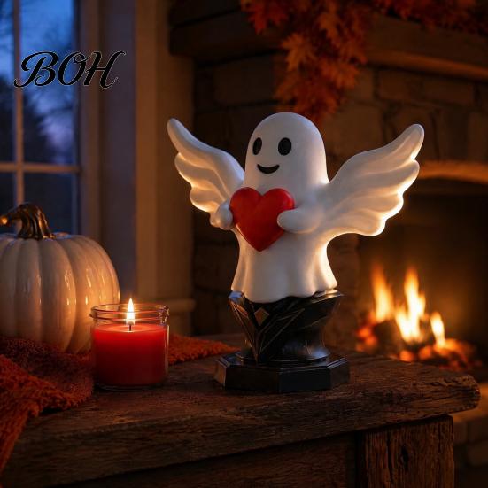 White Ghost Figurine for Home Angel Statue, Smiling Holding Heart Figurine, Cute Romantic Gothic Decor Sculpture Halloween Valentine's Day Table Shelf