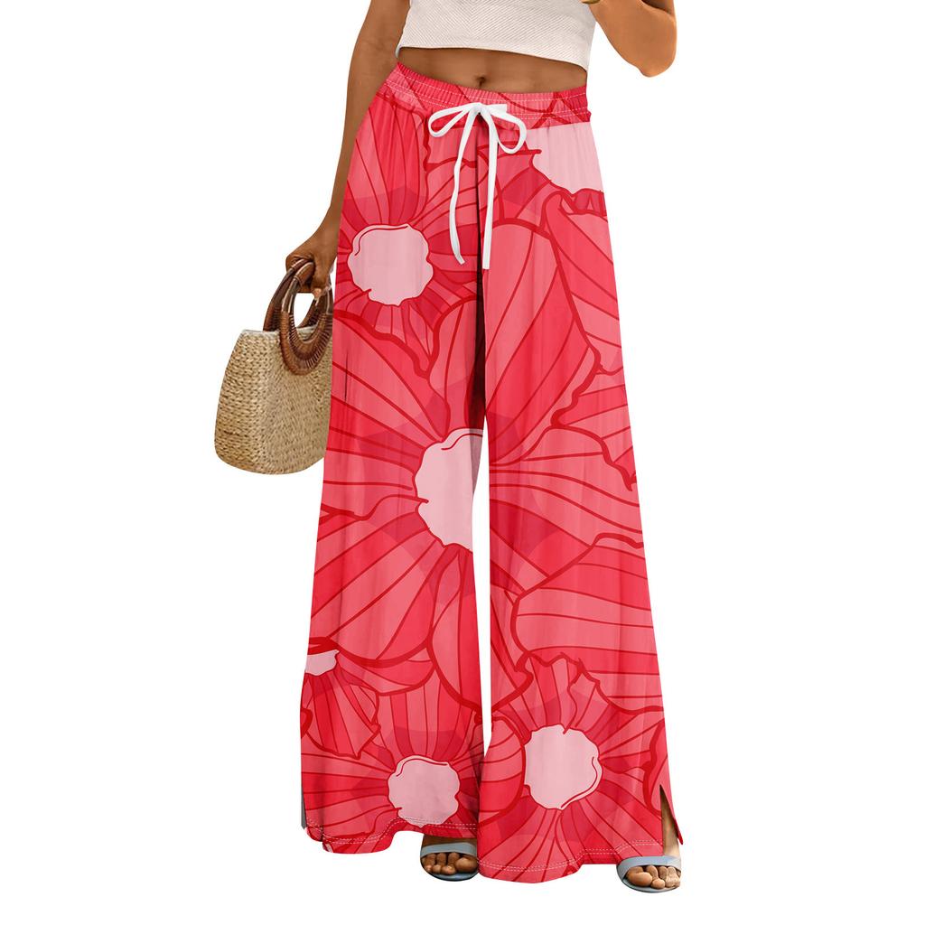 Женские летние брюки-палаццо в стиле бохо с высокой талией, широкие повседневные брюки с цветочным принтом и карманами