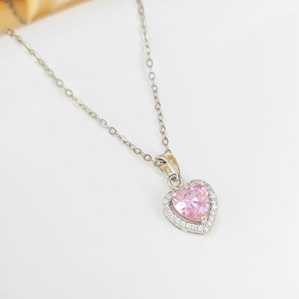French Peach Heart Zircon Necklace: Multicolor Diamonds On Stainless Steel with Retro INS Style Titanium Design.