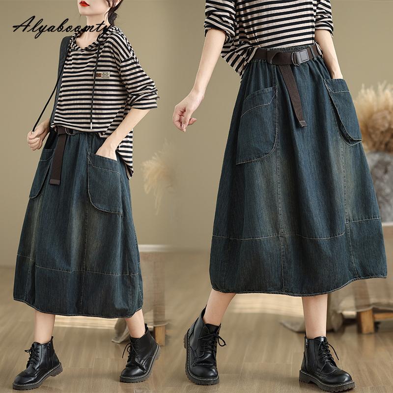 Плюс размер весна осень женская джинсовая юбка с высокой талией стираная хлопковая мешковатая юбка винтажная джинсовая юбка с поясом и карманами