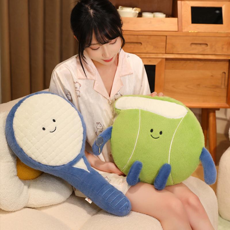 Novel Tennis and Tennis Racket Plush Toys Kawaii Tennis Sports Doll Soft Tennis Ball Stuffed Pillows Fun Sofa Decorative Cushion