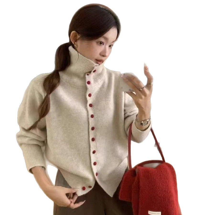 Женский вязаный кардиган с высоким воротником на пуговицах, однотонный, свитер свободного кроя.