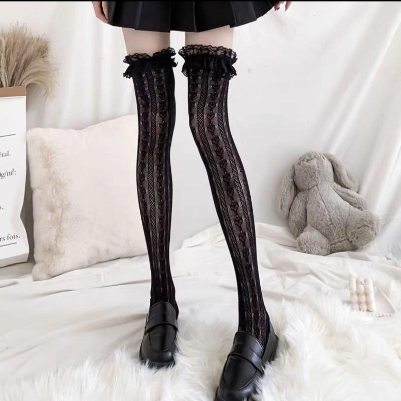 Женские сексуальные кружевные чулки-сетка с сердечками до бедра, косплей горничной, лолита, чулки-сетка, длинные носки