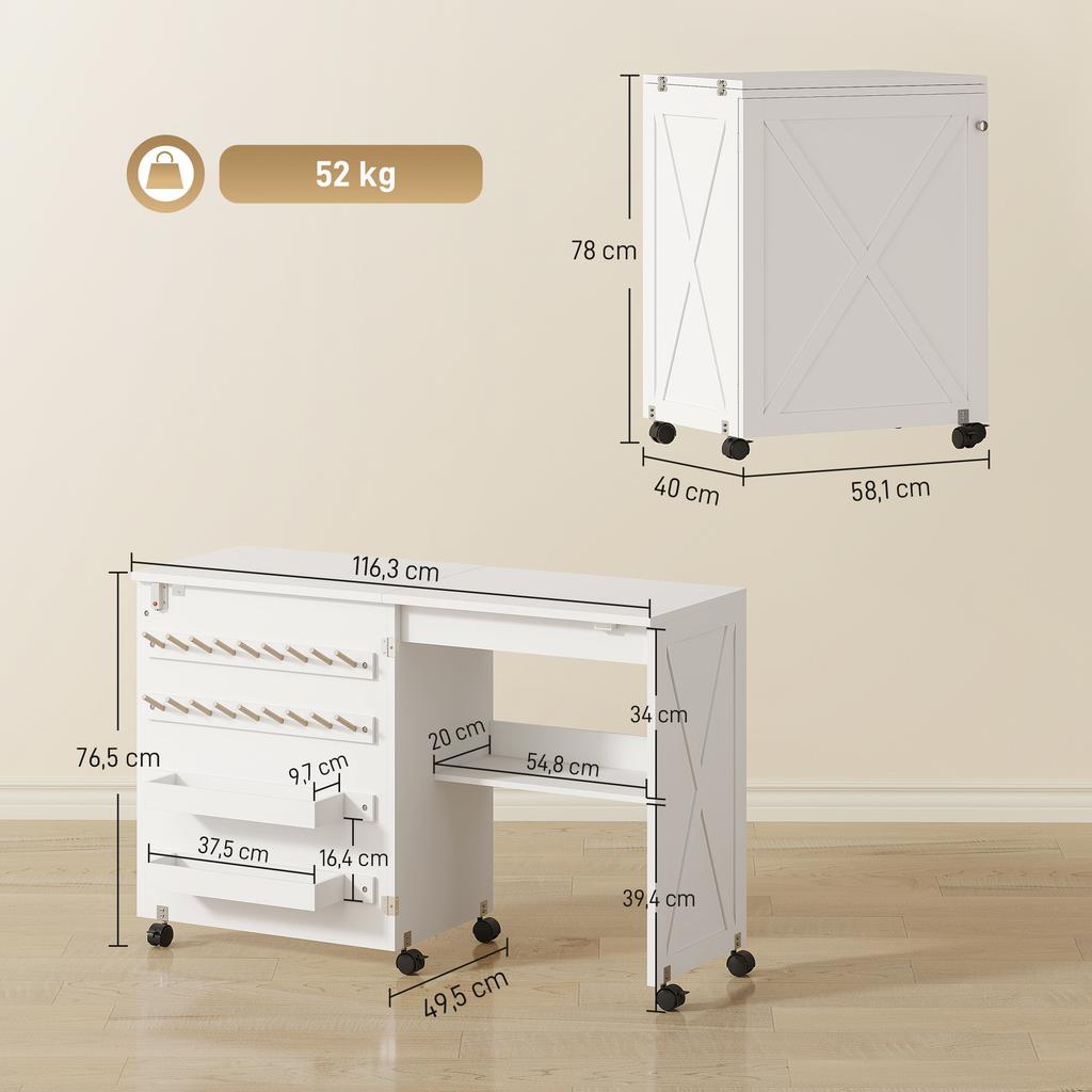 Folding Sewing Table, Rolling Sewing Furniture, Barn Door Magnetic, 2 Bins, Shelf, 18 Pegs, White