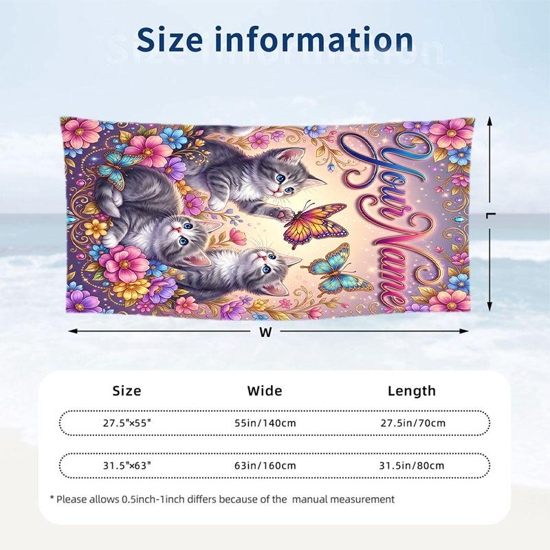 Cat Theme Beach Towel Personalized Custom Name & Text Soft Quick Dry Beach Towel for Swimming Travel
