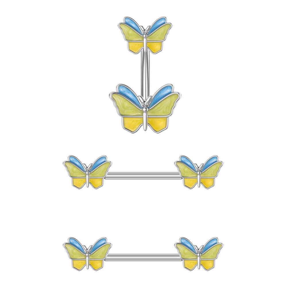 3PCS 14G Stainless Steel Butterfly Nipplerings Nipple Tongue Belly Button Rings CZ Opal Barbell Body Piercing Jewelry