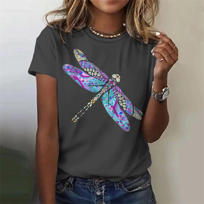 Летняя модная блузка, женская футболка с принтом стрекозы, топ с круглым вырезом и коротким рукавом, модная футболка, повседневная футболка, женская одежда
