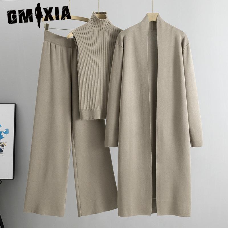 GMXIA Spring and Autumn Laid-back Style Knitted Set, Sleeveless Vest, Sweater, Cardigan and Trousers, Three-piece Set
