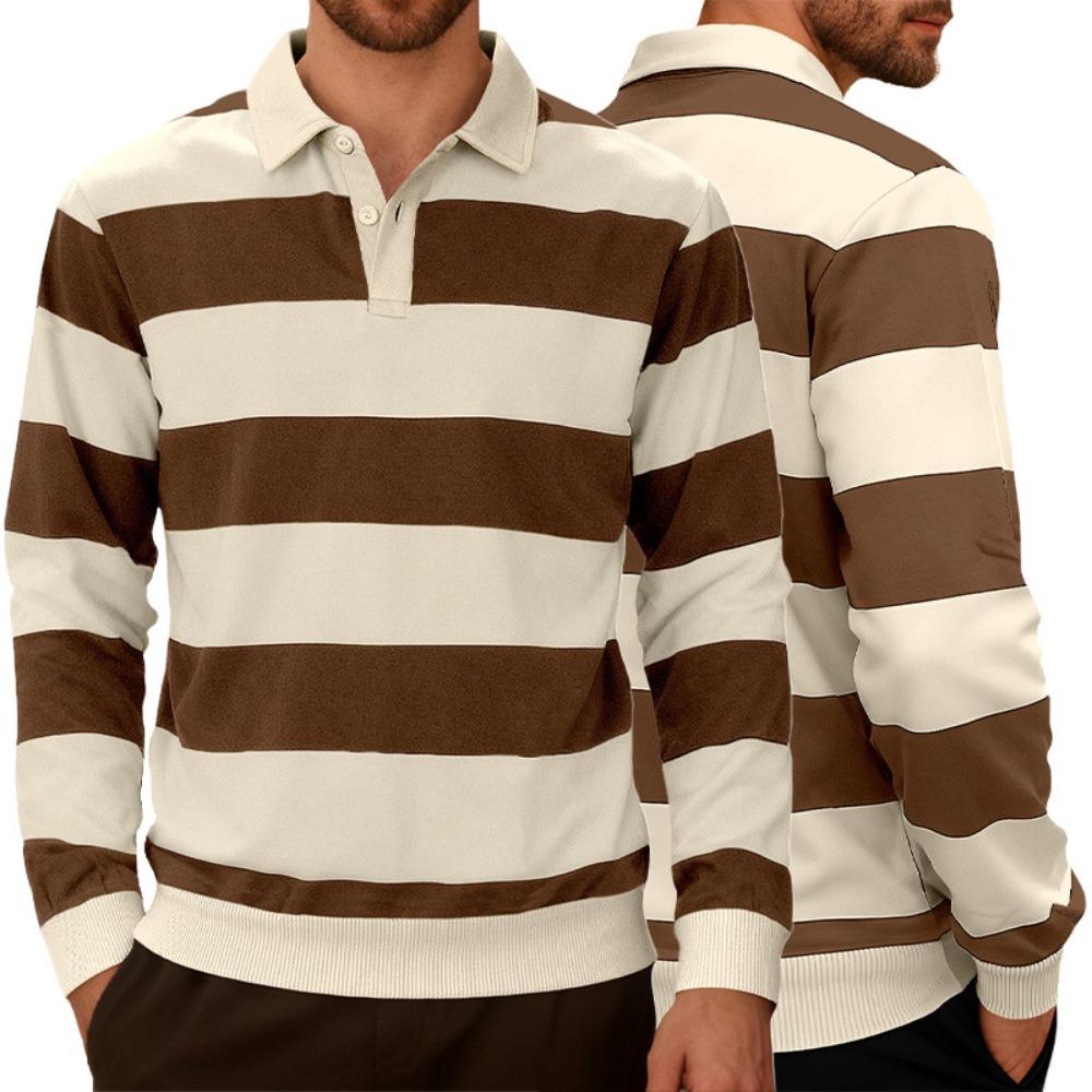 Men Long-sleeved T-shirt 2025 Autumn New Fashion Trend Striped Printing Casual Loose Outdoor Camping Lapel Top Couple POLO Shirt