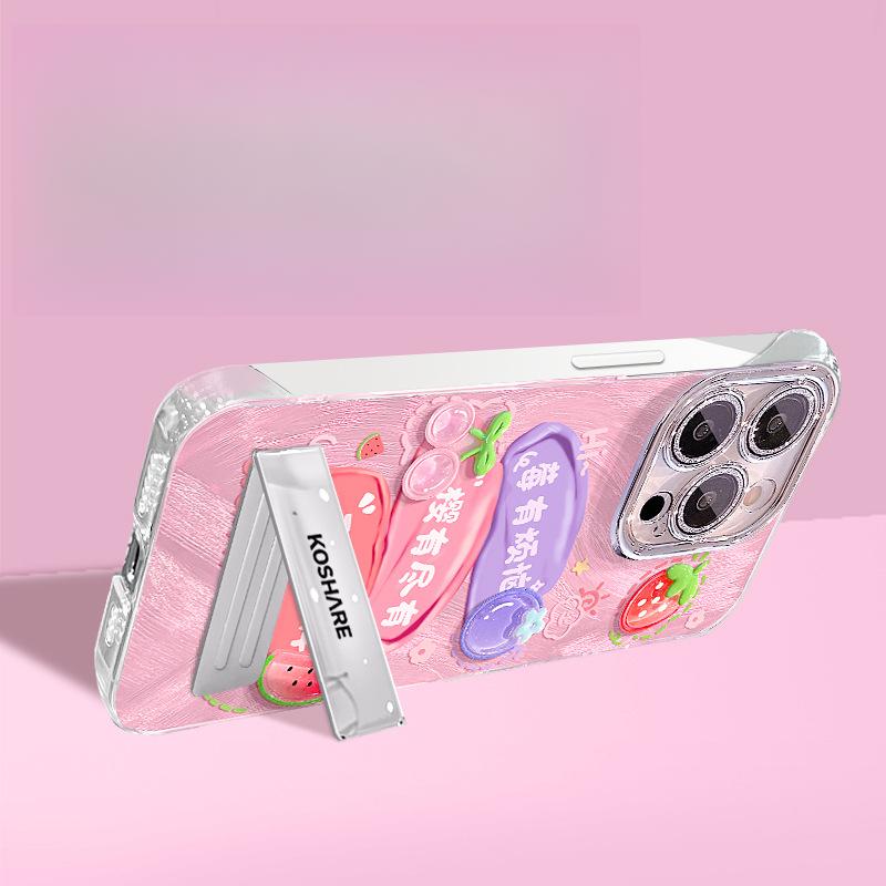 Ins Strawberry Doll Stand Applicable To Apple 16 Feather Yarn Frameless Mobile Phone Case 11 All Inclusive 13 Ultra Thin 15 Pro Women