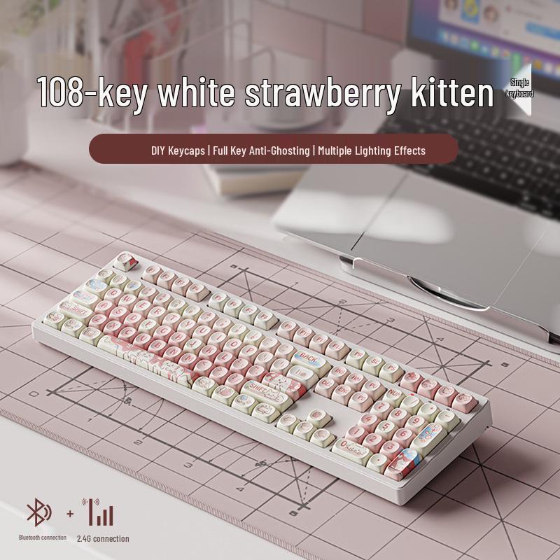 Беспроводная Bluetooth механическая клавиатура Strawberry Kitten с универсальными переключателями - Бесшумный дизайн для офиса и игр