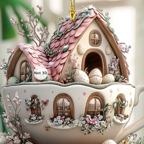 1Pc/5Pcs Easter Coffee Cup House Ornaments Chocolate Mug Bunny House Pendant 2D Acrylic Hot Cocoa Mug Spring Ornament for Holiday Home Decor