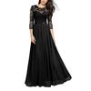 Women Elegant Gown Dress O-Neck 3/4 Sleeve Embroidery Lace Stitching High Waist Loose Hem Robe Dress Wedding Night Party Maxi Dress