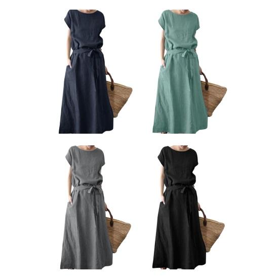 Женское платье макси из хлопка и льна в стиле бохо, летнее, с коротким рукавом, круглым вырезом, длинным платьем, поясом и карманами, повседневный пляжный сарафан