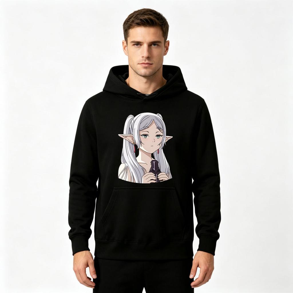 Men's Print Pullover Hoodie, Anime Elf White Hair Character Pattern Casual Long Sleeve Sweatshirt for Daily Wear