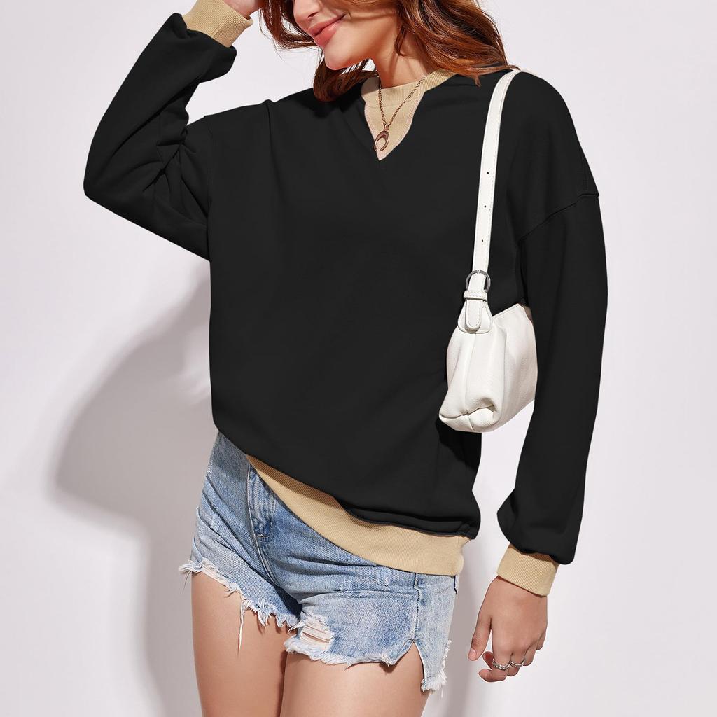 Женская толстовка с цветными блоками и воротником, негабаритная рубашка с длинными рукавами, повседневный пуловер, верхняя одежда