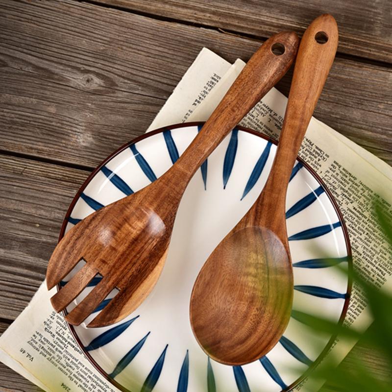 2 шт. Деревянная ложка Кухонная ложка для супа Половник Ложки для приготовления и сервировки Деревянная ложка с длинной ручкой Вилка Сервер для салата Набор для сервировки Столовая посуда