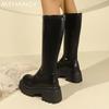 Женские кожаные сапоги на платформе, высокие сапоги на среднем каблуке, высокие сапоги до колена, женская мода 2025 года, зимние модные туфли-лодочки для мотоцикла, Mujer