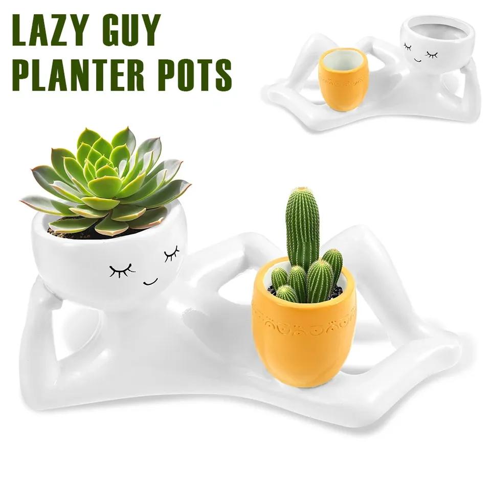 Lazy Guy Resin Funny Planter Pot with Drainage Holes Desktop Creative Crafts Ornaments Garden Greenery Vase Container