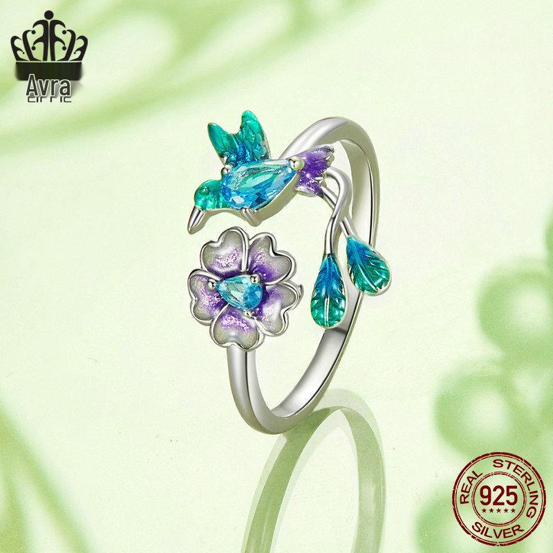 Avle Spring Bird & Flower Adjustable Open Ring - S925 Sterling Silver for Women