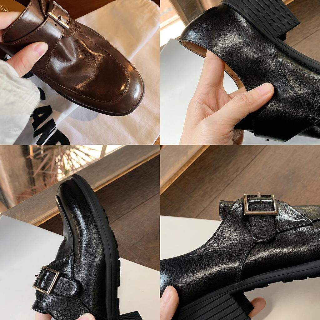 Cowhide Version Shoes Leather Square Round Head Buckle with Thick Heel Oxford Small Leather Shoes Women's Thick Sole