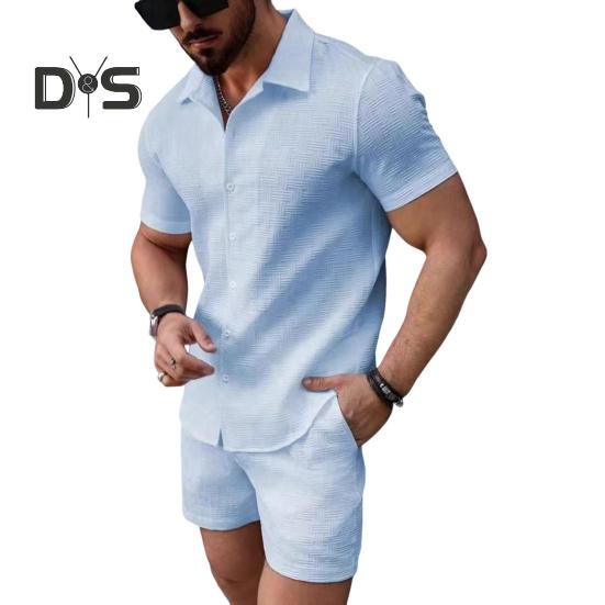 2 шт./комплект мужской наряд рубашка с коротким рукавом и лацканами топы эластичный шнурок на талии карманы шорты комплект однотонный пляжный наряд